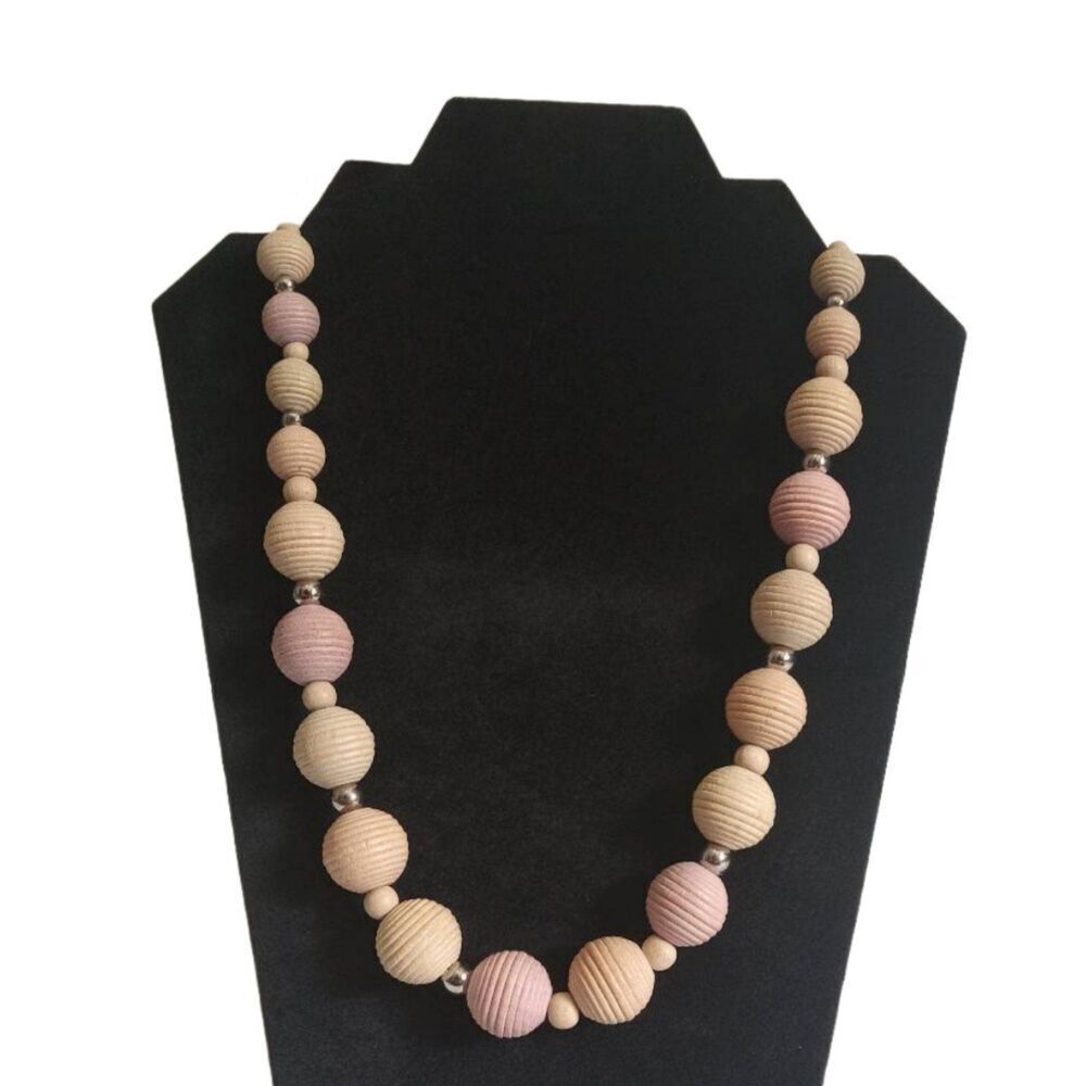 Light Pink and Tan Round Ribbed Wooden Beaded Lightweight Single Strand Necklace